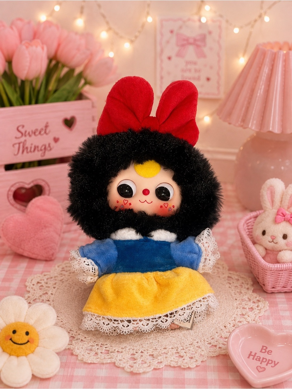 Adorable Baby Three Plush Doll with Red Bow